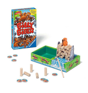 Spielmaterial und Schachtel - Billy Biber – Mitbringspiel