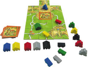 Spielmaterial - Spielbrett mit Holzfiguren - Carcassonne - Abtei und Bürgermeister