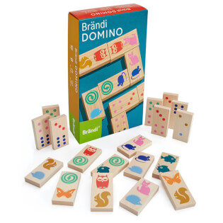 Schachtel Vorderseite und farbige Spielsteine - Brändi Domino