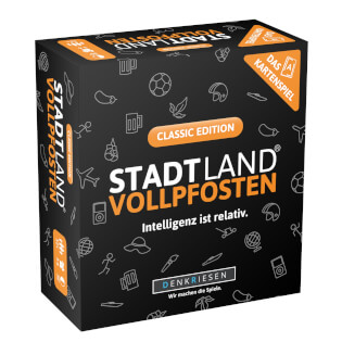 Schachtel Vorderseite - STADT LAND VOLLPFOSTEN: Das Kartenspiel – Classic Edition