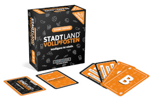 Spielkarten und Spielschachtel - STADT LAND VOLLPFOSTEN: Das Kartenspiel – Classic Edition