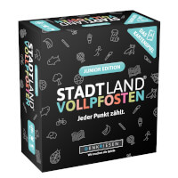 Schachtel Vorderseite - STADT LAND VOLLPFOSTEN: Das Kartenspiel – Junior Edition