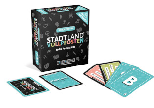 Spielkarten und Spielschachtel - STADT LAND VOLLPFOSTEN: Das Kartenspiel – Junior Edition