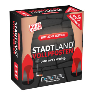 Schachtel Vorderseite - STADT LAND VOLLPFOSTEN: Das Kartenspiel – Rotlicht Edition