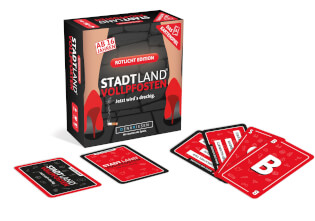 Spielkarten und Schachtel - STADT LAND VOLLPFOSTEN: Das Kartenspiel – Rotlicht Edition