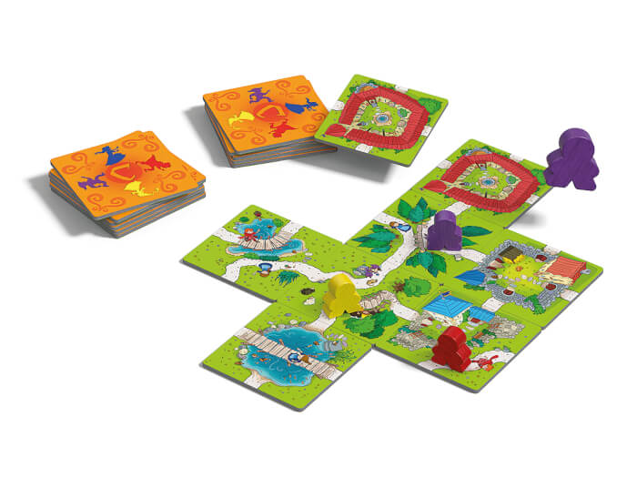 Spielfiguren und Plättchen des Kinderspiels Carcassonne Junior